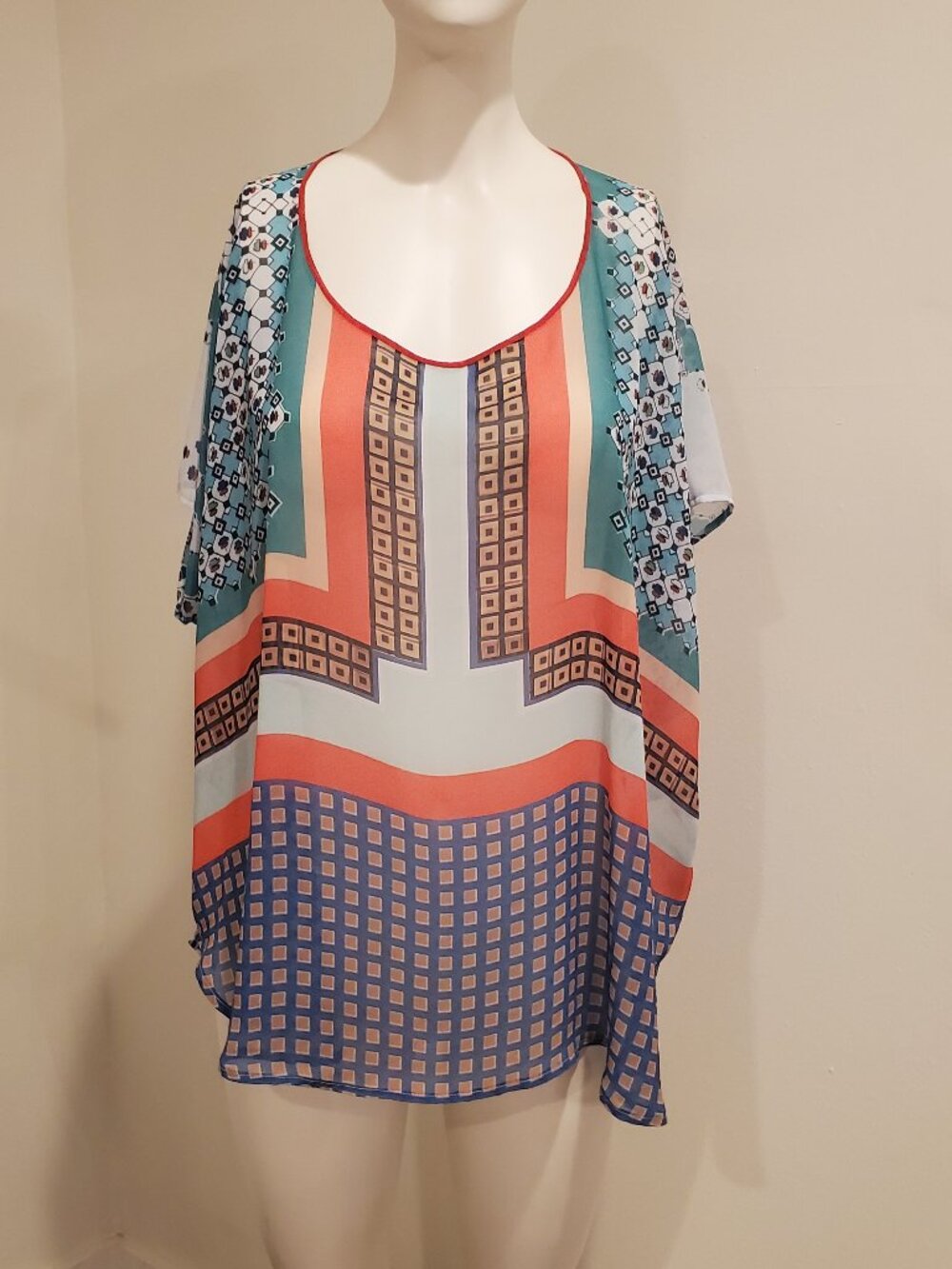 Clover Canyon Womens M Graphic Geometric Silk Trim Poncho Blouse Top USA